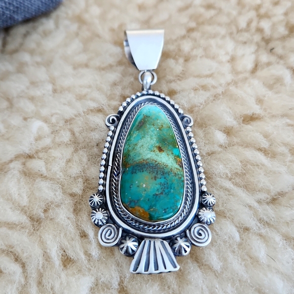 NWOT Native American Navajo Royston Turquoise & Sterling Large Pendant 💙💚🎁 - Picture 5 of 11